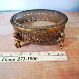 ntique Ormolu JEWELRY BOX / Cherub-Footed Hollywood Regency Gold Filigree